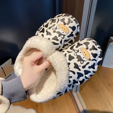 洞洞棉拖鞋女冬季可爱奶牛加绒保暖居家室内家用厚底防滑包头拖鞋商品大图