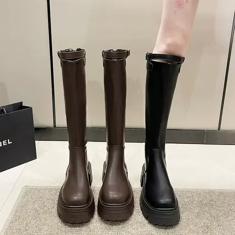 长筒靴女加绒2023年冬新款小个子厚底不过膝靴爆款高跟粗跟骑士靴商品大图