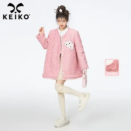 小香风编造薄款花呢粉色外套女2023秋装新少女感毛边设计夹棉风衣图片