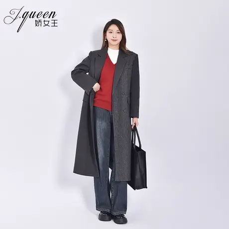 羊毛呢西装大衣女秋冬季新款时尚高级感拼接条纹中长款呢子外套商品大图