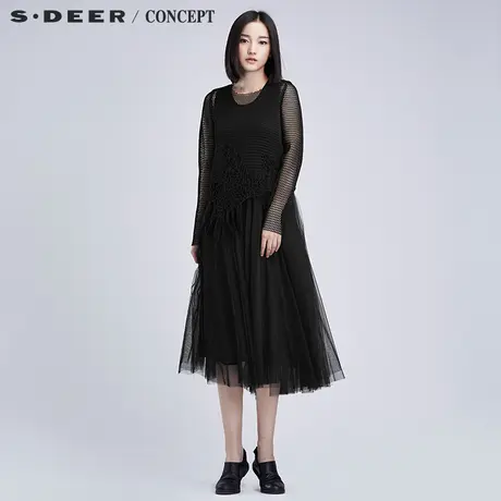 sdeer圣迪奥2018秋现代科技感网格绣花两件套连衣裙S16381232图片