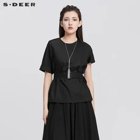 sdeer圣迪奥女装22夏装新品休闲圆领收腰不对称短袖衬衫S22280418图片