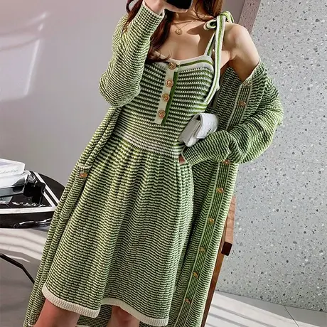 粉红大布娃娃早春新款小香风圆领针织开衫甜美小清新条纹长款外套商品大图