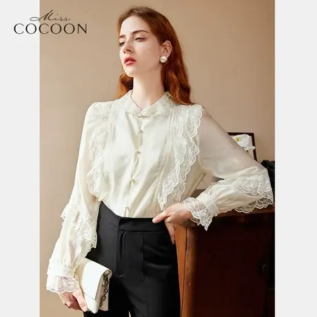 missCOCOON法式复古长袖衬衫女2023新款秋蕾丝荷叶边设计别致上衣商品大图