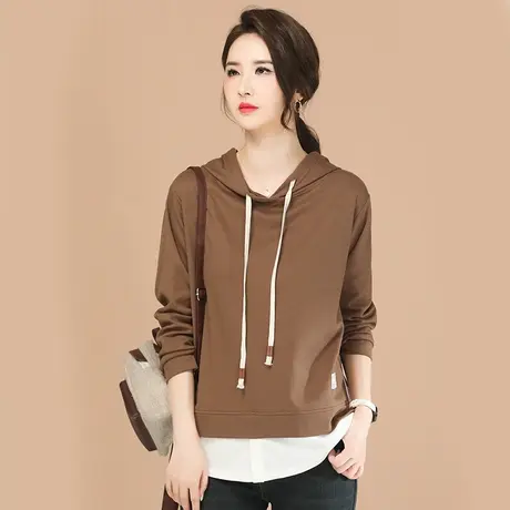 韩潮袭人复古连帽假两件套头卫衣女2024春新款休闲百搭上衣T恤图片