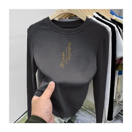 圆领长袖正肩打底衫女内搭印花上衣设计感修身显瘦韩版别致上衣商品大图