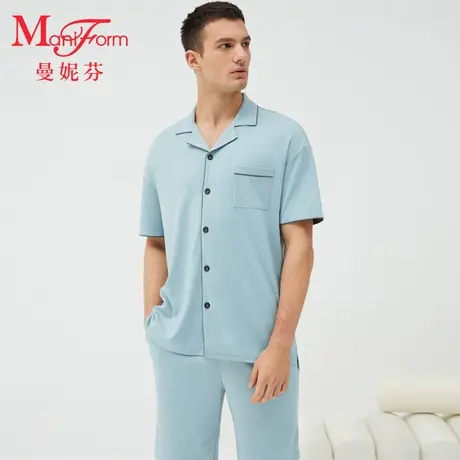 曼妮芬男士翻领短袖短裤套装家居服柔软舒适起居服睡衣睡裤夏季图片