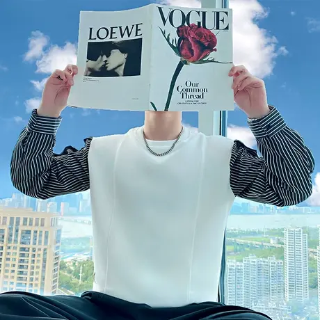 高级感条纹拼接假两件长袖T恤上衣男春秋季痞帅小众卫衣外套休闲商品大图