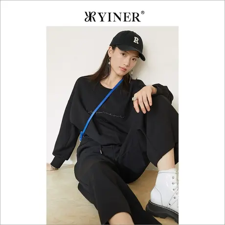 *YINER音儿奥莱女装2022春季宽松贴标刺绣圆领卫衣商品大图
