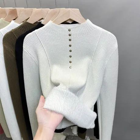 一体绒半高领毛衣女加绒加厚打底衫2023秋冬新款针织衫内搭上衣潮商品大图