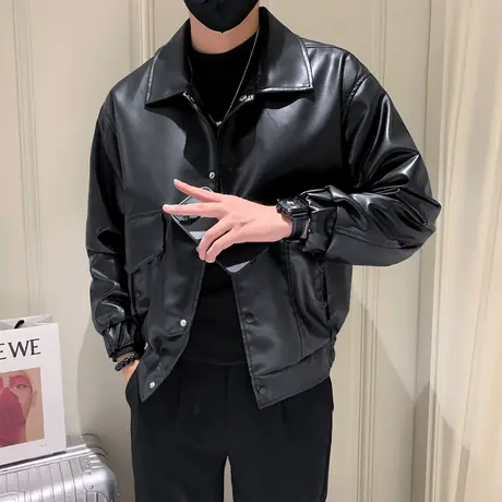 秋季韩版痞帅皮衣潮男机车服发型师夹克潮牌复古宽松外套上衣皮衣商品大图
