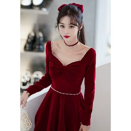 长袖敬酒服新娘2023新款秋冬季订婚回门气质晚礼服酒红色高级质感商品大图