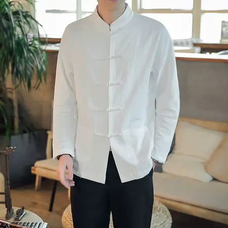 秋季唐装男青年中国风亚麻衬衫中式盘扣衬衣棉麻汉服立领中山装图片