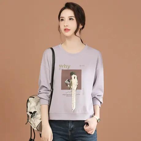 韩潮袭人圆领印花长袖卫衣女2024春季新款休闲显瘦上衣设计感商品大图