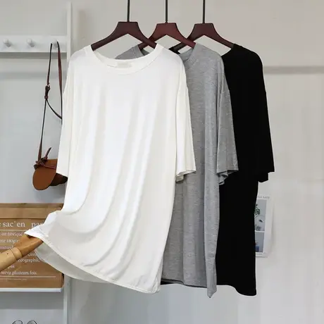 莫代尔T恤女夏季遮屁股宽松显瘦薄款垂感圆领打底中长款短袖上衣商品大图