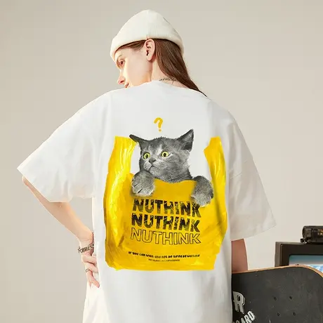美潮小众设计感国潮猫咪短袖T恤男潮牌ins中性夏季宽松潮流情侣装商品大图