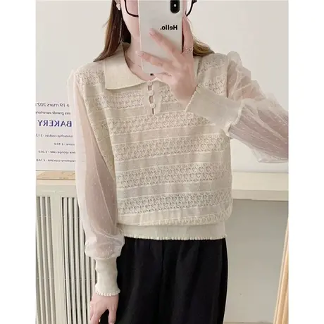 春装蕾丝女袖套头衫2024年新款Polo领针织衫女士洋气内搭打底衫潮图片