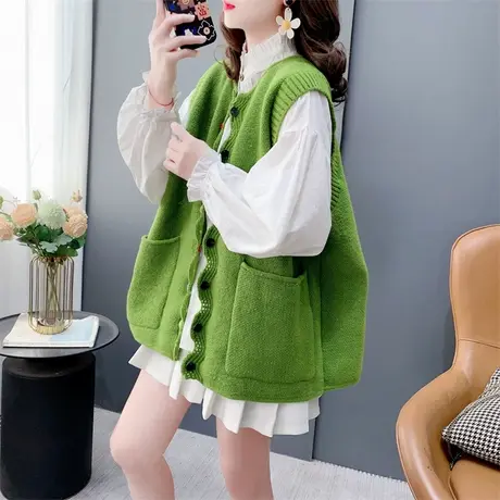 甜美森系彩扣针织开衫马甲背心女2024年新款早春别致外搭无袖坎肩商品大图