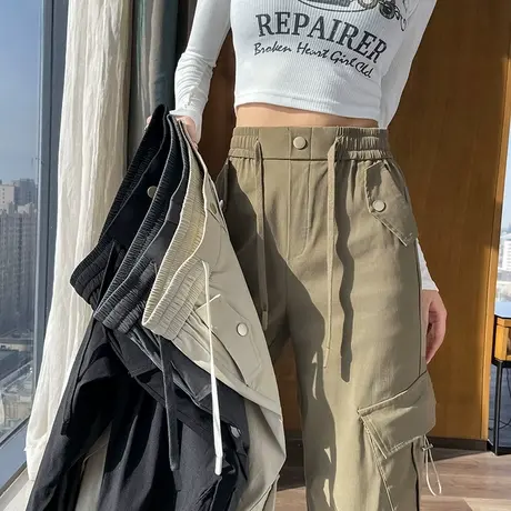 军绿色工装裤女2024春秋季新美式复古休闲高腰宽松直筒阔腿长裤子图片