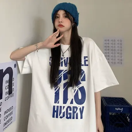 美式街头短袖t恤女夏宽松韩版潮ins港风原宿风hiphop炸街半袖上衣商品大图