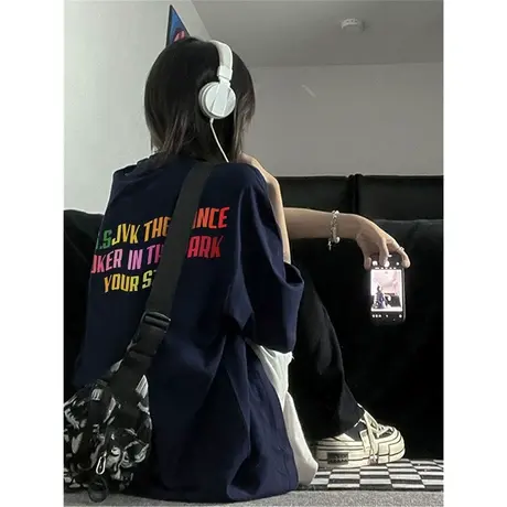 纯棉重磅设计感彩虹印花字母短袖t恤女夏季新款小众宽松半袖上衣商品大图