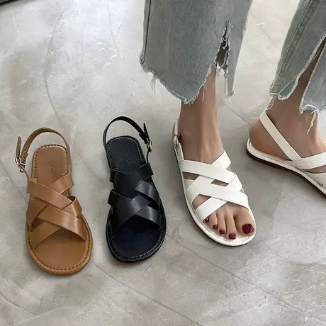 凉鞋女夏2021年新款女士夏季平底百搭小香风编织交叉绑带凉鞋女鞋商品大图