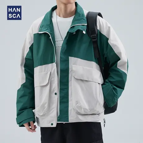 hansca冲锋衣外套男士春季潮牌翻领撞色宽松大码痞帅户外工装夹克商品大图