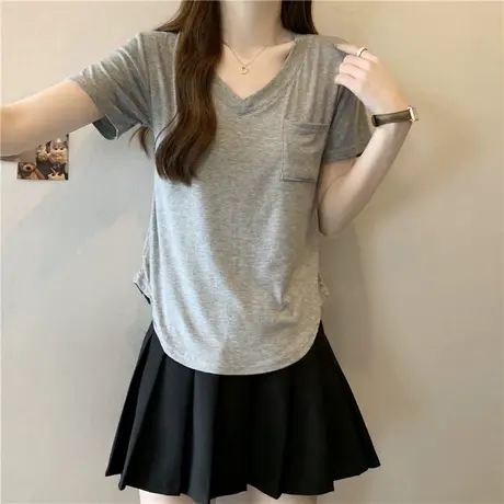 ins超火设计感口袋短袖T恤女夏季2024新款修身显瘦V领半袖打底衫商品大图