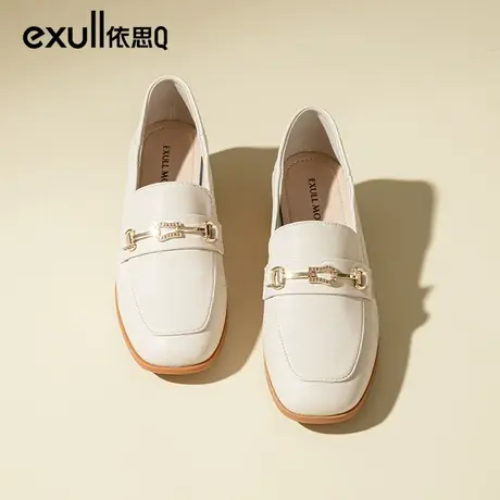 依思q中跟单鞋女粗跟女鞋2024新款米白色小皮鞋软皮不磨脚乐福鞋商品大图