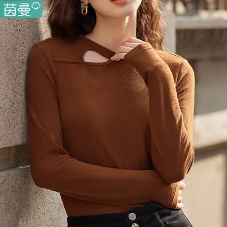 茵曼低领德绒长袖t恤女内搭打底衫2024春秋季新款上衣短款修身图片