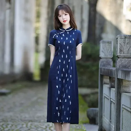 筠雅2022年夏装新款改良旗袍日常年轻款修身立领小个子复古连衣裙商品大图