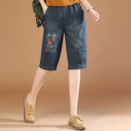 韩潮袭人松紧腰刺绣宽松五分牛仔裤女夏季新款休闲百搭直筒裤薄款商品大图