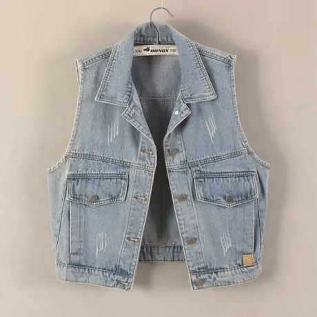 牛仔马甲女宽松2023春秋短款百搭显瘦水洗无袖外套背心坎肩口袋浅商品大图