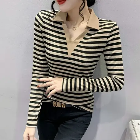 欧货POLO领打底衫女秋冬款时尚条纹T恤长袖别致气质修身百搭上衣商品大图