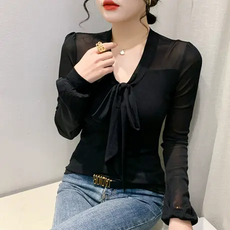 性感网纱打底衫女春秋2023新款复古气质系带V领T恤收腰内搭上衣服商品大图