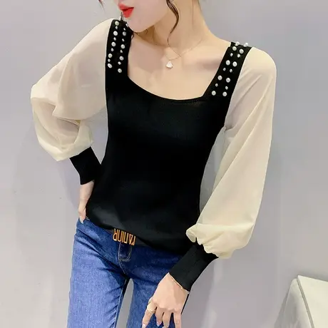 雪纺拼接针织衫女长袖春秋2023新款气质方领打底上衣复古修身T恤图片