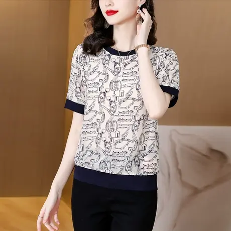 漂亮印花短袖t恤女2023夏季新款宽松显瘦拼接圆领雪纺衫时尚小衫商品大图