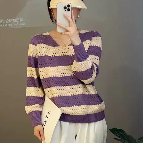 秋装2023年新款v领条纹镂空长袖薄款针织打底衫宽松春秋上衣百搭图片