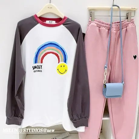 韩国东大门2023春新款ins彩虹笑脸插肩袖T恤磨毛长袖宽松慵懒休闲商品大图
