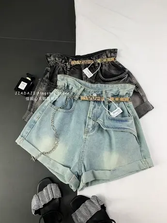 水洗磨白卷边牛仔阔腿短裤2023夏季新款显瘦百搭松紧腰绑带a字裤图片