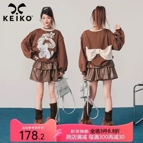 KEIKO 美式复古印花卫衣女2023秋季美拉德穿搭oversize蝴蝶结外套商品大图