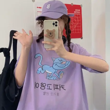 原宿风短袖t恤女夏季设计感小众宽松韩版纯棉百搭半袖上衣服ins潮商品大图