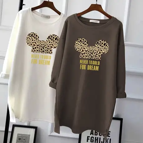 长袖t恤女宽松休闲中长款T恤裙韩版纯棉2022年新款下衣失踪内搭潮商品大图