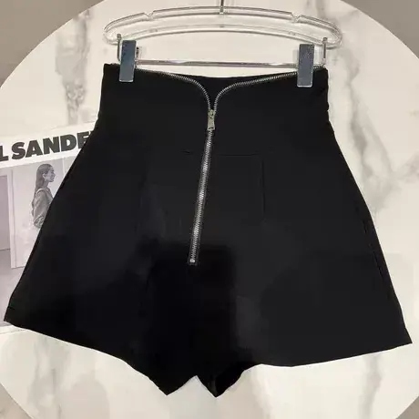 阔腿裤女2023春季新款设计感拉链高腰西装裤宽松a字休闲黑色短裤图片
