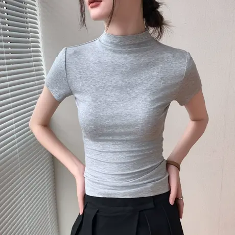 半高领纯色短袖T恤女装2023早秋新款修身显瘦正肩衬衫内搭打底衫商品大图
