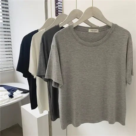 宽松短袖圆领T恤女莫代尔浅灰色高腰短款显瘦百搭纯色夏季体恤衫商品大图