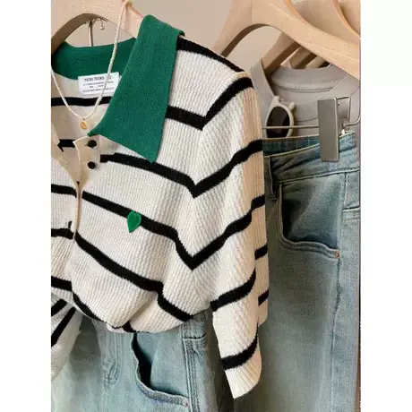 高密度针织 撞色翻领柔软舒适爱心刺绣羊毛针织衫薄款T恤女23夏商品大图