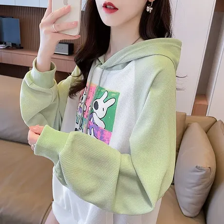设计感小众连帽卫衣女春秋韩版宽松大码慵懒风薄款拼色华夫格外套图片