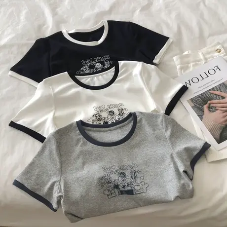 短袖女装2022新款潮韩版修身高腰露脐短款t恤夏季百搭古着上衣服商品大图