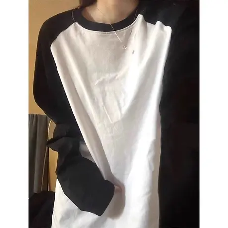 撞色插肩袖T恤女纯棉秋装宽松显瘦百搭韩版洋气减龄纯棉长袖上衣商品大图